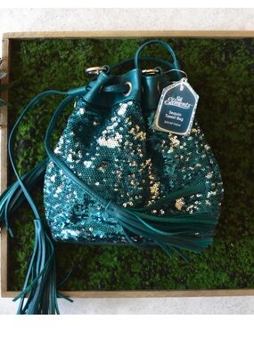 Element Teal Sequin Tassel Drawstring Mini Bag